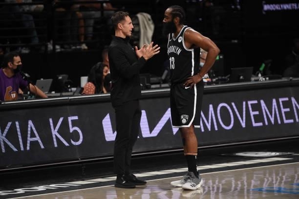 Head Coach Steve Nash and James Harden of the Brooklyn Nets talk during Round 2, Game 7 on June 19, 2021 at Barclays Center in Brooklyn, New York....