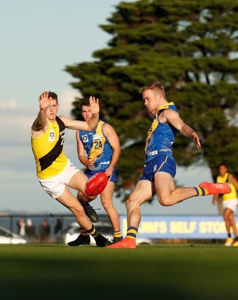 Nick Mellington of the Seagulls kicks the ball during the VFL Round 10 match between the Williamstown Seagulls and the Richmond Tigers at Downer Oval...
