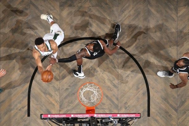 Giannis Antetokounmpo of the Milwaukee Bucks shoots the ball during the game against the Brooklyn Nets during Round 2, Game 7 of the 2021 NBA...