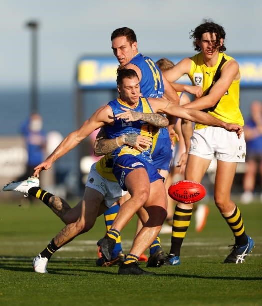 Luke Meadows of the Seagulls kicks the ball during the VFL Round 10 match between the Williamstown Seagulls and the Richmond Tigers at Downer Oval on...