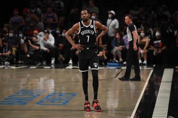 Kevin Durant of the Brooklyn Nets looks on during Round 2, Game 7 on June 19, 2021 at Barclays Center in Brooklyn, New York. NOTE TO USER: User...