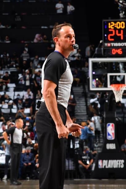 Referee Josh Tiven looks on during Round 2, Game 7 on June 19, 2021 at Barclays Center in Brooklyn, New York. NOTE TO USER: User expressly...
