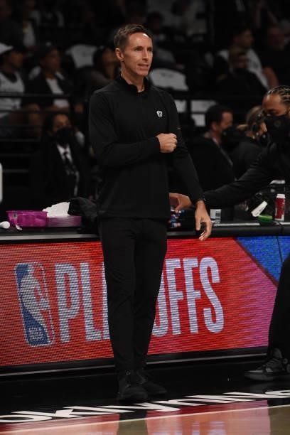 Head coach Steve Nash of the Brooklyn Nets looks on during Round 2, Game 7 on June 19, 2021 at Barclays Center in Brooklyn, New York. NOTE TO USER:...