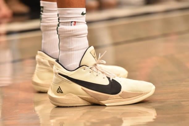 The sneakers worn by Giannis Antetokounmpo of the Milwaukee Bucks during Round 2, Game 7 on June 19, 2021 at Barclays Center in Brooklyn, New York....