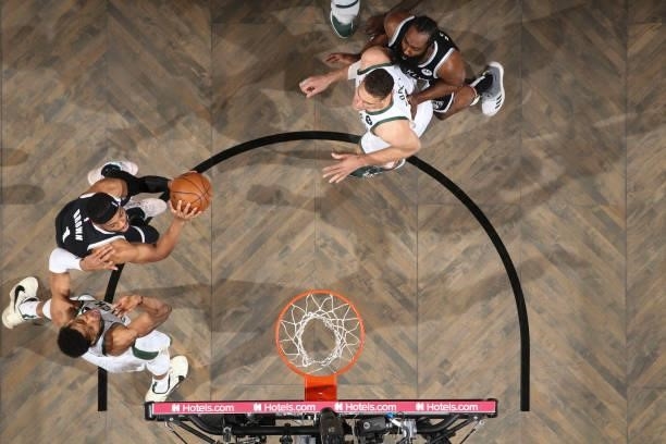 Bruce Brown of the Brooklyn Nets drives to the basket during the game against the Milwaukee Bucks during Round 2, Game 7 of the 2021 NBA Playoffs on...