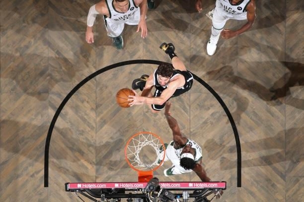 Joe Harris of the Brooklyn Nets drives to the basket during the game against the Milwaukee Bucks during Round 2, Game 7 of the 2021 NBA Playoffs on...