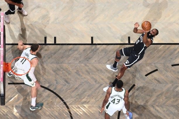James Harden of the Brooklyn Nets shoots the ball during the game against the Milwaukee Bucks during Round 2, Game 7 of the 2021 NBA Playoffs on June...