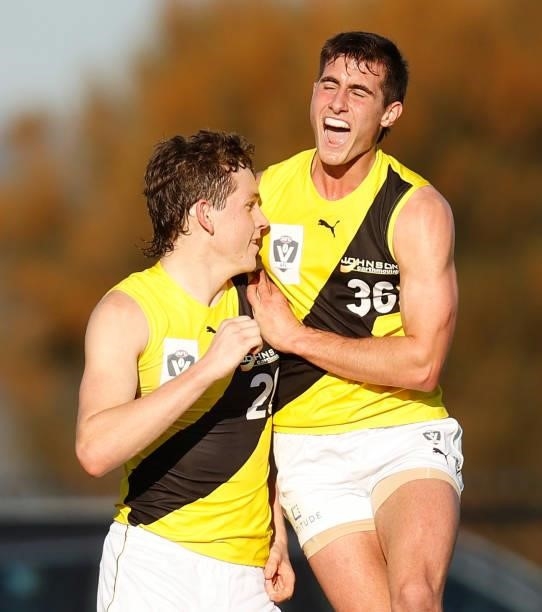 Riley Collier-Dawkins and Will Martyn of the Tigers celebrate during the VFL Round 10 match between the Williamstown Seagulls and the Richmond Tigers...