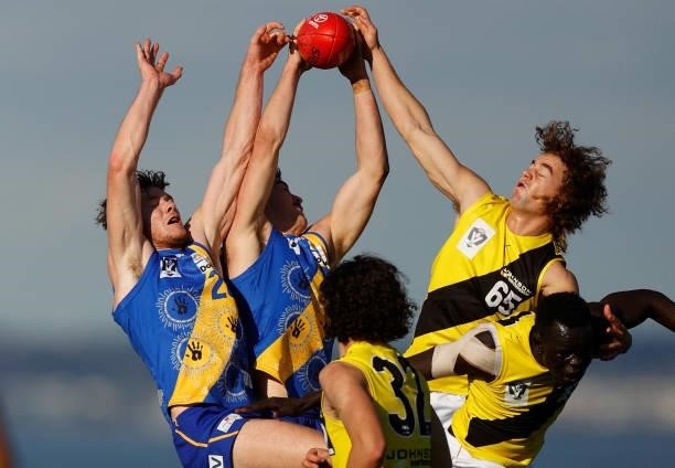 Noah Gown of the Seagulls marks the ball during the VFL Round 10 match between the Williamstown Seagulls and the Richmond Tigers at Downer Oval on...
