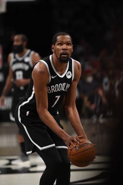 Kevin Durant of the Brooklyn Nets shoots a free throw during Round 2, Game 7 on June 19, 2021 at Barclays Center in Brooklyn, New York. NOTE TO USER:...