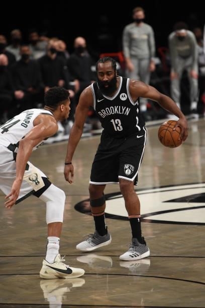 James Harden of the Brooklyn Nets handles the ball against the Milwaukee Bucks during Round 2, Game 7 on June 19, 2021 at Barclays Center in...