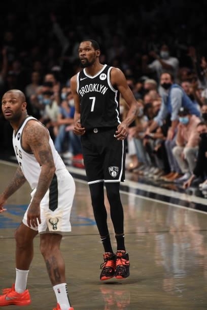 Kevin Durant of the Brooklyn Nets looks on during a game against the Milwaukee Bucks during Round 2, Game 7 on June 19, 2021 at Barclays Center in...