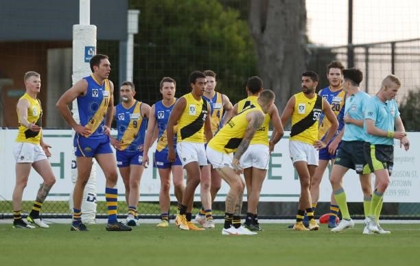 Players react as the siren sounds to mark a draw during the VFL Round 10 match between the Williamstown Seagulls and the Richmond Tigers at Downer...