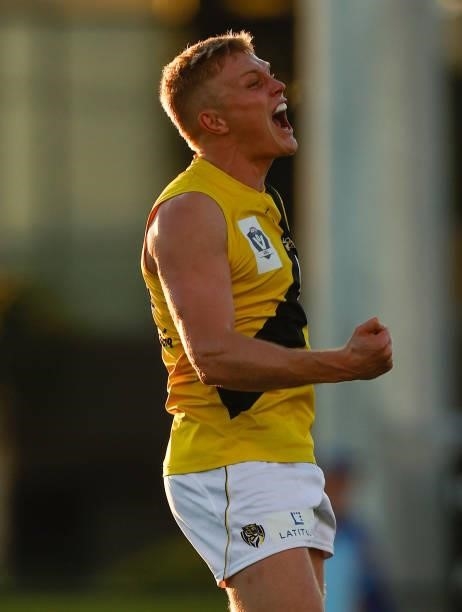 Ryan Garthwaite of the Tigers celebrates during the VFL Round 10 match between the Williamstown Seagulls and the Richmond Tigers at Downer Oval on...