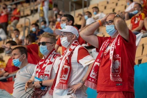 Polish fans cheer during the UEFA Euro 2020 Championship Group E match between Spain and Poland at Estadio La Cartuja on June 19, 2021 in Seville,...