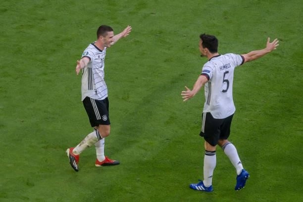 Robin Gosens of Germany celebrates after scoring his team's fourth goal with teammates during the UEFA Euro 2020 Championship Group F match between...