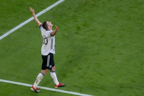 Robin Gosens of Germany celebrates after scoring his team's fourth goal during the UEFA Euro 2020 Championship Group F match between Portugal and...