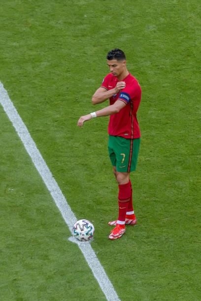 Cristiano Ronaldo of Portugal gestures during the UEFA Euro 2020 Championship Group F match between Portugal and Germany at Football Arena Munich on...