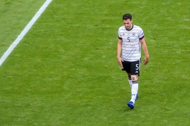 Mats Hummels of Germany looks dejected during the UEFA Euro 2020 Championship Group F match between Portugal and Germany at Football Arena Munich on...