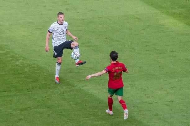 Robin Gosens of Germany and Bernardo Silva of Portugal battle for the ball during the UEFA Euro 2020 Championship Group F match between Portugal and...