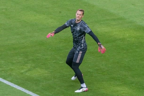 Goalkeeper Manuel Neuer of Germany warms up during the UEFA Euro 2020 Championship Group F match between Portugal and Germany at Football Arena...
