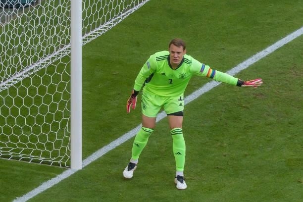 Goalkeeper Manuel Neuer of Germany gestures during the UEFA Euro 2020 Championship Group F match between Portugal and Germany at Football Arena...