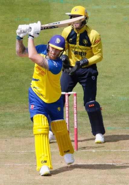 Ben Stokes of Durham plays a shot during the Vitality Blast match between Durham Cricket and Birmingham Bears at Emirates Riverside on June 20, 2021...
