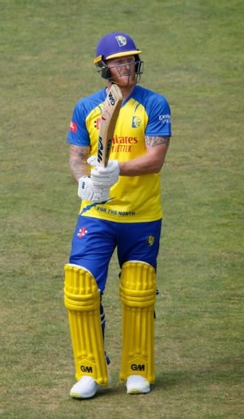 Ben Stokes of Durham walks off after he is caught behind after attempting a sweep shot during the Vitality Blast match between Durham Cricket and...
