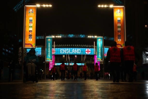 General external night time view of Wembley Stadium with UEFA Euro 2020 branding during the UEFA Euro 2020 Championship Group D match between England...