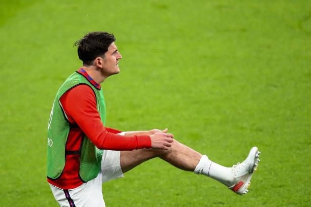 Harry Maguire of England warms up during the UEFA Euro 2020 Championship Group D match between England and Scotland at Wembley Stadium on June 18,...