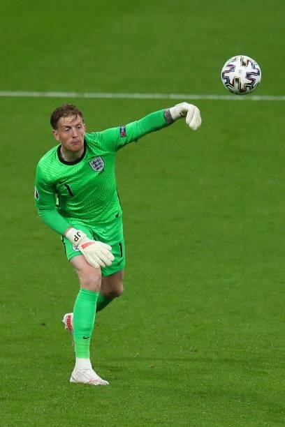 Jordan Pickford of England during the UEFA Euro 2020 Championship Group D match between England and Scotland at Wembley Stadium on June 18, 2021 in...