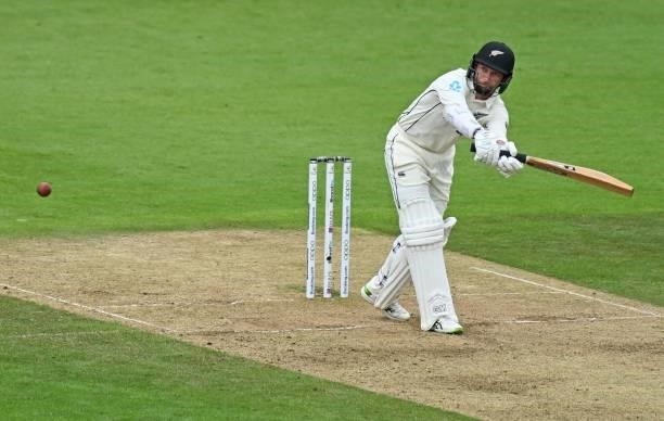 New Zealand's Devon Conway goes past 50 with this shot during play on the third day of the ICC World Test Championship Final between New Zealand and...