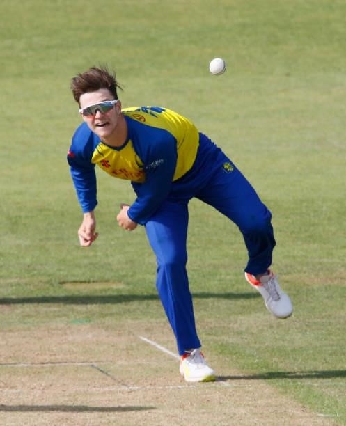 Liam Trevaskis of Durham bowls during the Vitality Blast match between Durham Cricket and Birmingham Bears at Emirates Riverside on June 20, 2021 in...