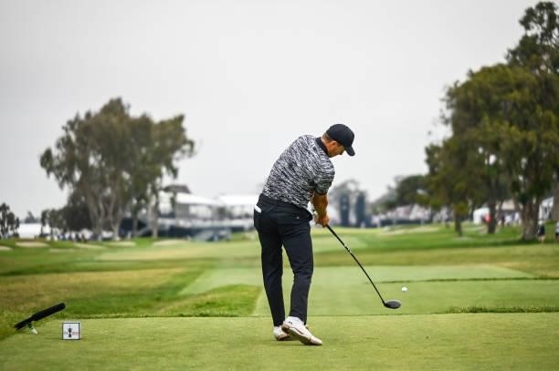 Jordan Spieth at impact as he plays his shot from the 18th tee during the third round of the 121st U.S. Open on the South Course at Torrey Pines Golf...