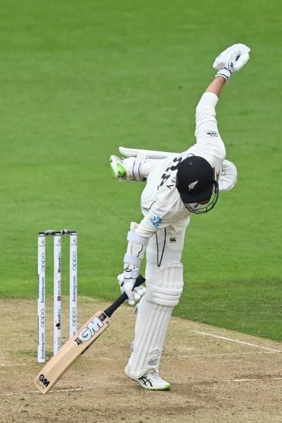 On 49, New Zealand's Devon Conway loses his balance but manages to take a leg bye during play on the third day of the ICC World Test Championship...