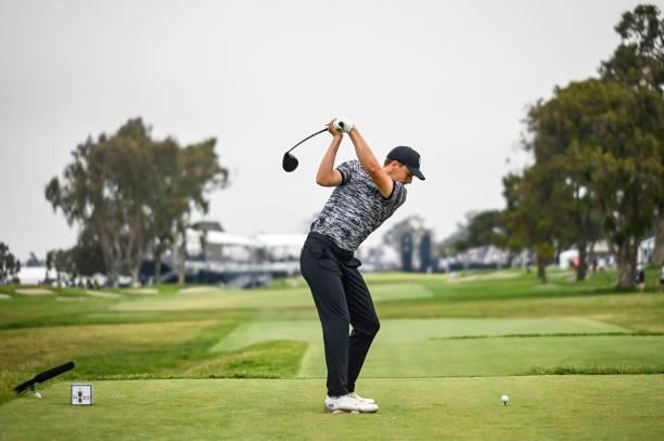 Jordan Spieth at the top of his swing as he plays his shot from the 18th tee during the third round of the 121st U.S. Open on the South Course at...