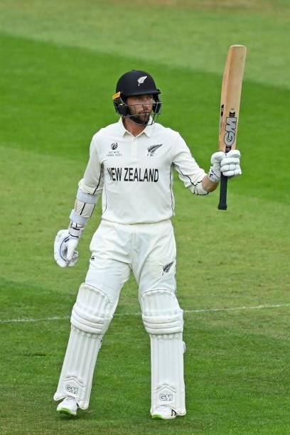 New Zealand's Devon Conway celebrates his half century on the third day of the ICC World Test Championship Final between New Zealand and India at the...