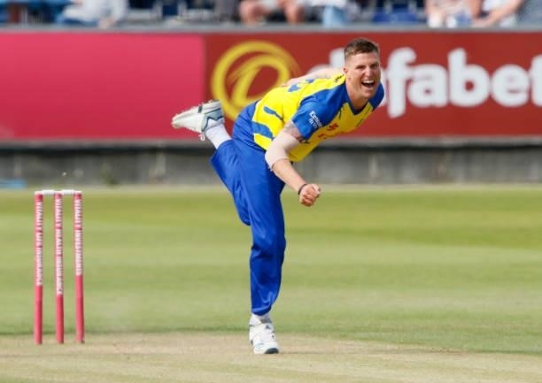 Brydon Carse of Durham in action during the Vitality Blast match between Durham Cricket and Birmingham Bears at Emirates Riverside on June 20, 2021...