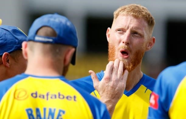 Ben Stokes of Durham looks on during the Vitality Blast match between Durham Cricket and Birmingham Bears at Emirates Riverside on June 20, 2021 in...