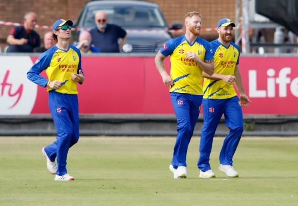 Ben Stokes of Durham celebrates taking a catch for the wicket of Pollock during the Vitality Blast match between Durham Cricket and Birmingham Bears...