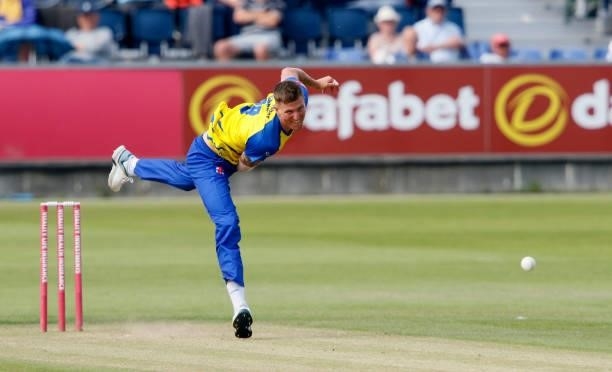 Brydon Carse of Durham in action during the Vitality Blast match between Durham Cricket and Birmingham Bears at Emirates Riverside on June 20, 2021...