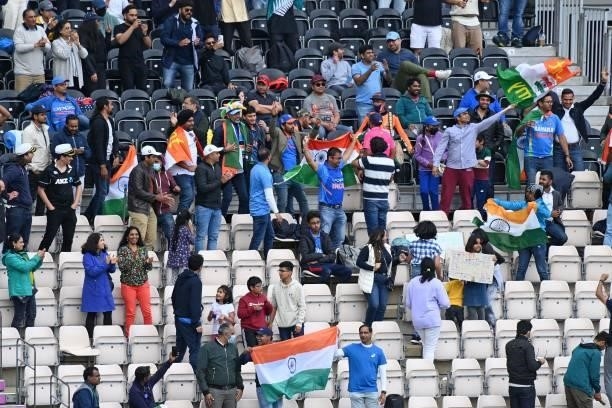 India supporters cheer on their team on the third day of the ICC World Test Championship Final between New Zealand and India at the Ageas Bowl in...
