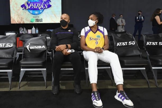 Head Coach Derek Fisher and Nneka Ogwumike of the Los Angeles Sparks look on before the game against the New York Liberty on June 20, 2021 at the Los...