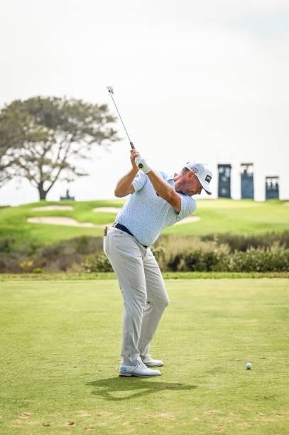 Lee Westwood of England plays his shot from the 16th tee during the third round of the 121st U.S. Open on the South Course at Torrey Pines Golf...