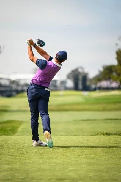 Rory McIlroy of Northern Ireland plays his shot from the 18th tee during the third round of the 121st U.S. Open on the South Course at Torrey Pines...