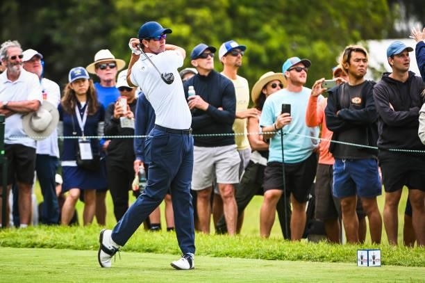 Adam Scott of Australia plays his shot from the 14th tee as fans watch during the third round of the 121st U.S. Open on the South Course at Torrey...