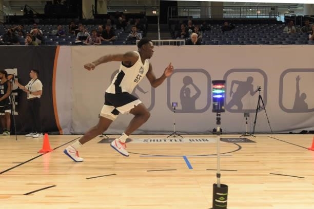 League Prospect, Kofi Cockburn participates in the combine during the 2021 NBA G League Elite Camp on June 20, 2021 at the Wintrust Arena in Chicago,...