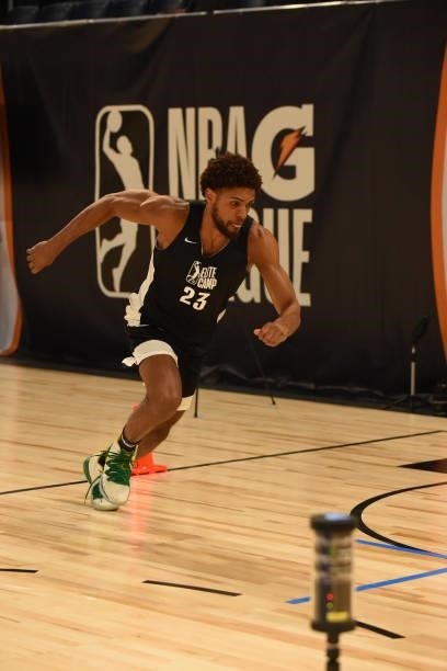 League Prospect, MaCio Teague participates in the combine during the 2021 NBA G League Elite Camp on June 20, 2021 at the Wintrust Arena in Chicago,...