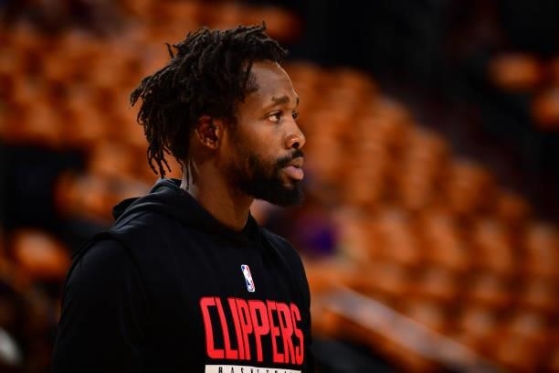 Patrick Beverley of the LA Clippers warms up before the game against the Phoenix Suns during Game 1 of the Western Conference Finals of the 2021 NBA...