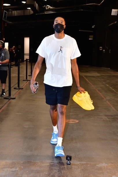 Mikal Bridges of the Phoenix Suns arrives before the game against the LA Clippers during Game 1 of the Western Conference Finals of the 2021 NBA...